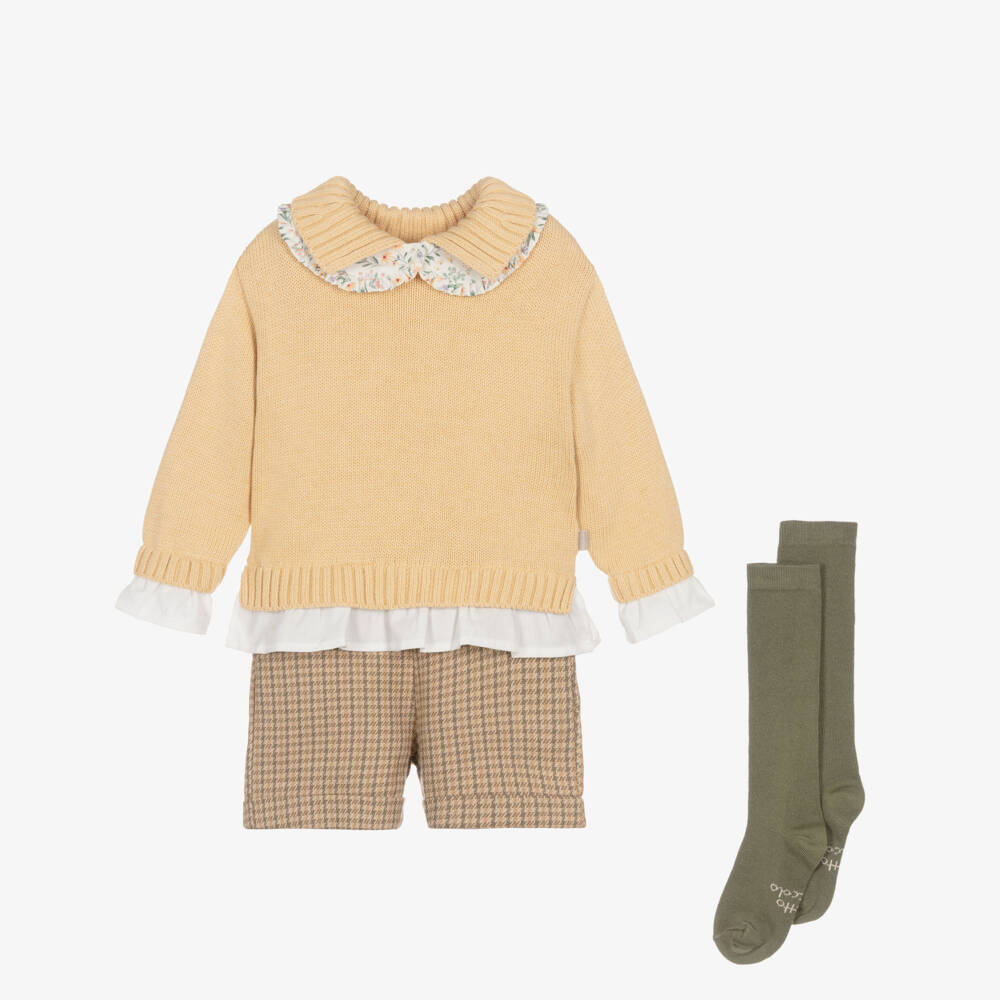 Tutto Piccolo-Girls Mustard Yellow Sweater & Beige Shorts Set with Tights | Childrensalon Outlet