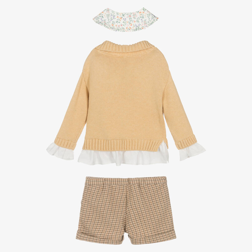 Tutto Piccolo-Girls Mustard Yellow Sweater & Beige Shorts Set with Tights | Childrensalon Outlet