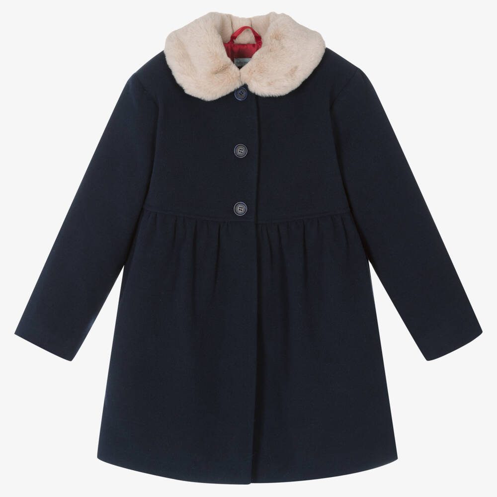 Tutto Piccolo - Girls Navy Blue & Faux Fur Collar Coat | Childrensalon