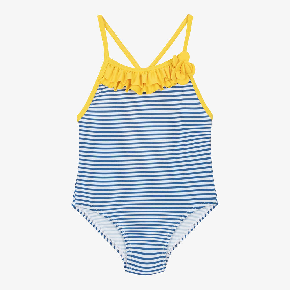 Tutto Piccolo-Girls Navy Blue & White Striped Swimsuit | Childrensalon Outlet