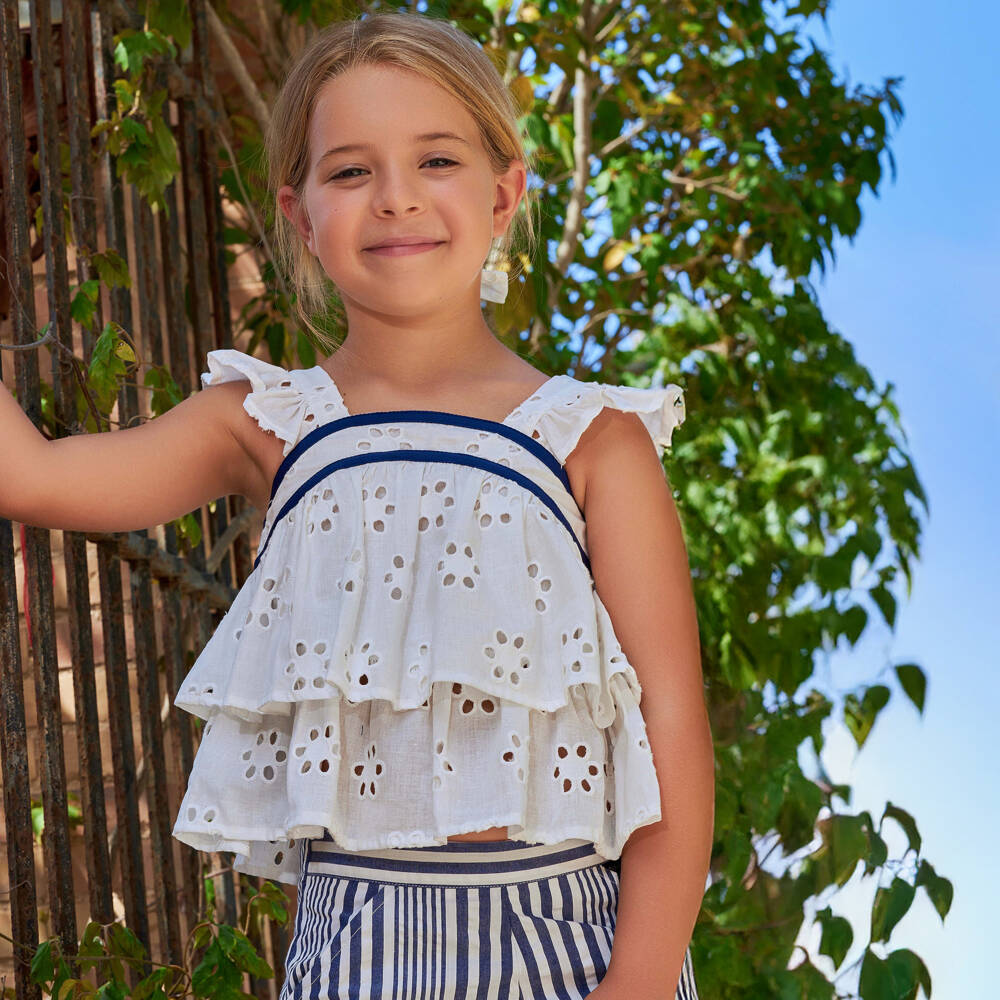 Tutto Piccolo-Girls Navy Stripe Cotton Ensemble | Childrensalon Outlet