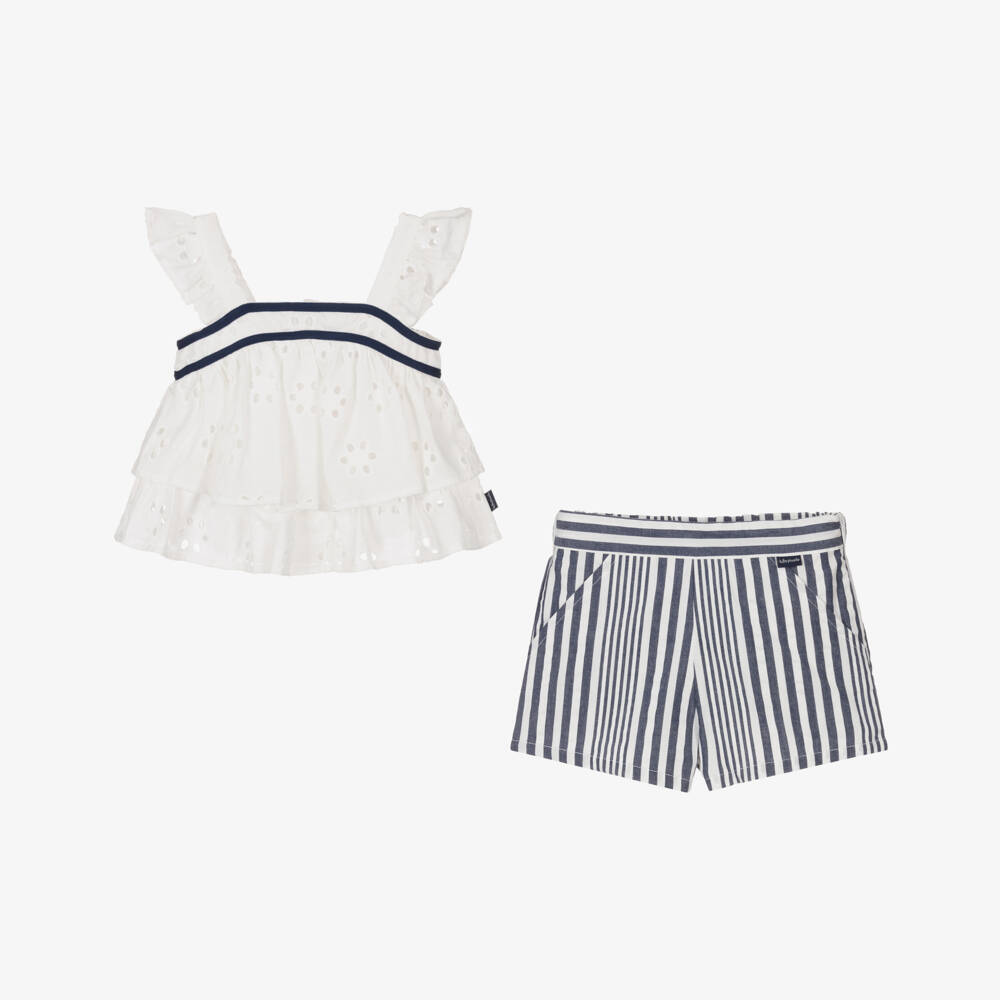Tutto Piccolo-Girls Navy Stripe Cotton Ensemble | Childrensalon Outlet