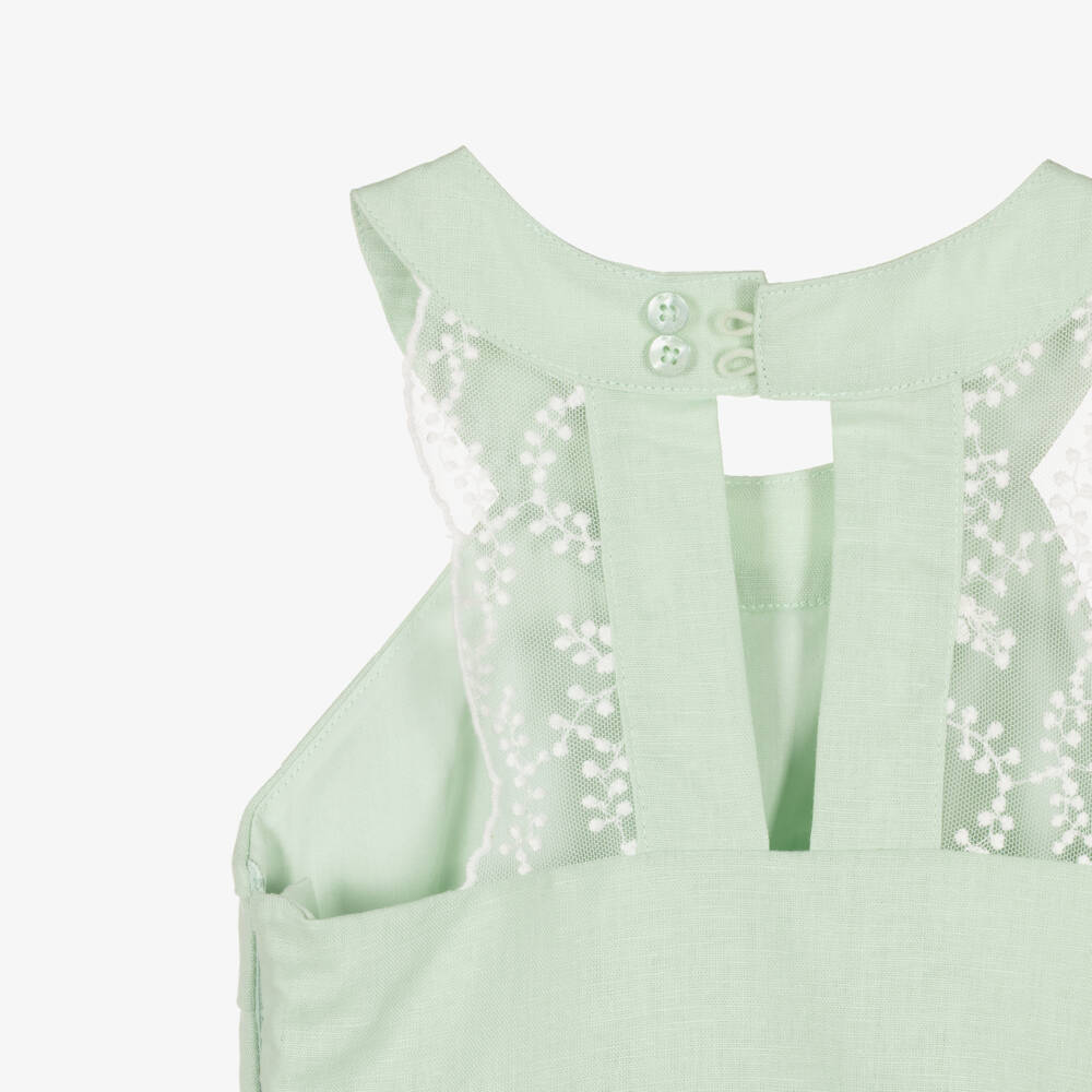 Tutto Piccolo-Girls Pale Green Linen & Cotton Dress | Childrensalon Outlet
