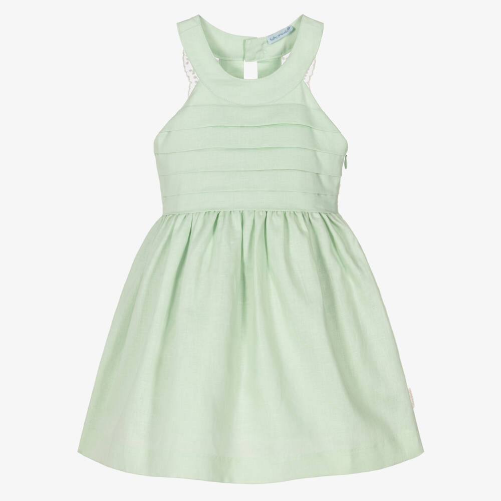Tutto Piccolo-Girls Pale Green Linen & Cotton Dress | Childrensalon Outlet