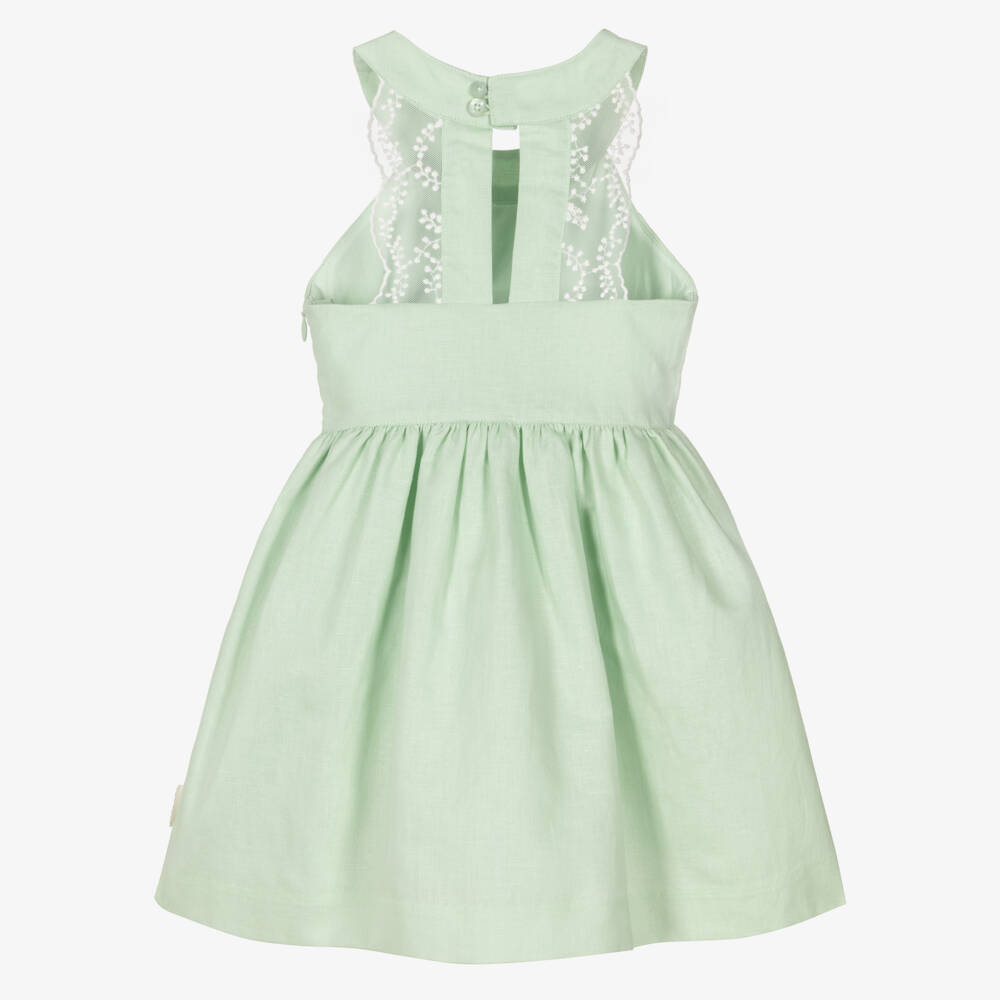 Tutto Piccolo-Girls Pale Green Linen & Cotton Dress | Childrensalon Outlet