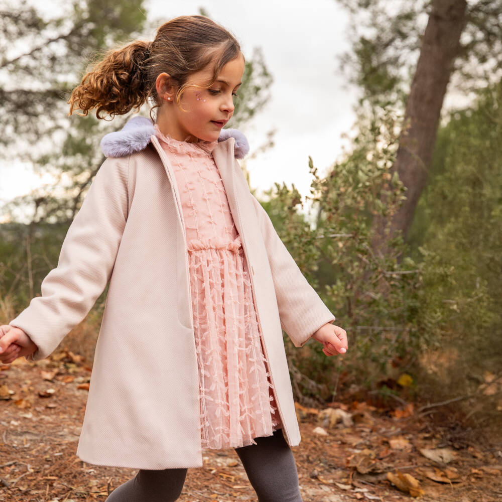 Tutto Piccolo-معطف بياقة فرو صناعي لون زهري للبنات | Childrensalon Outlet