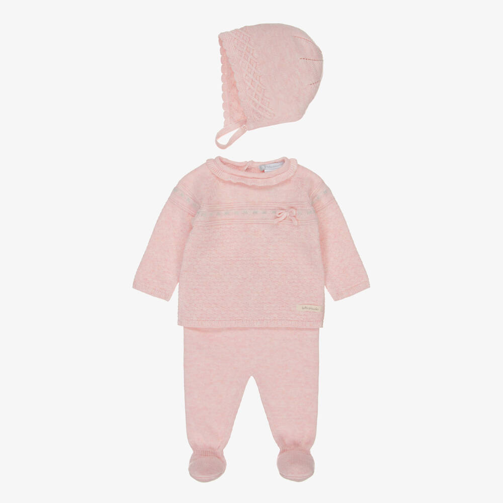 Tutto Piccolo-Girls Pale Pink Knitted 2 Piece Babygrow & Hat Set | Childrensalon Outlet