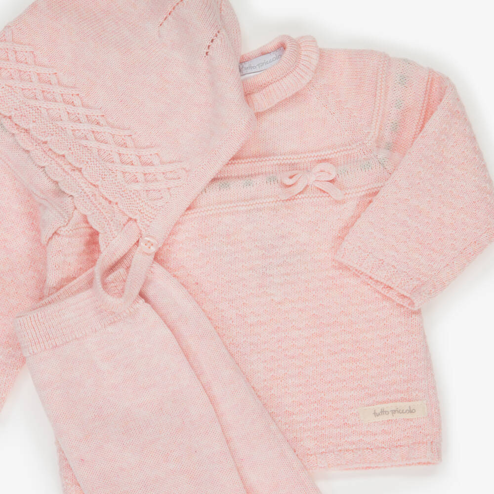 Tutto Piccolo-Girls Pale Pink Knitted 2 Piece Babygrow & Hat Set | Childrensalon Outlet