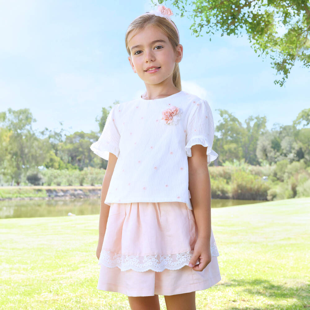 Tutto Piccolo-Girls Peach Pink Cotton & Linen Skirt Set with Lace Trim | Childrensalon Outlet