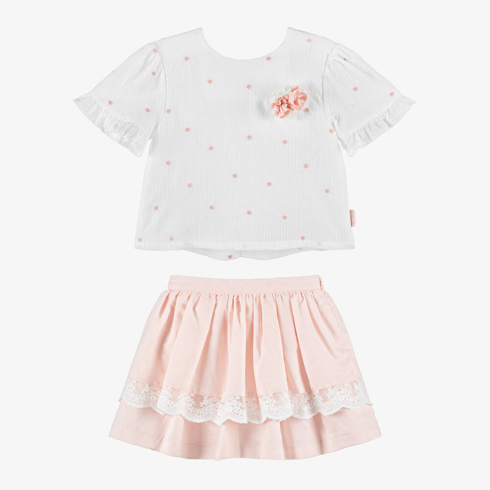 Tutto Piccolo-Girls Peach Pink Cotton & Linen Skirt Set with Lace Trim | Childrensalon Outlet