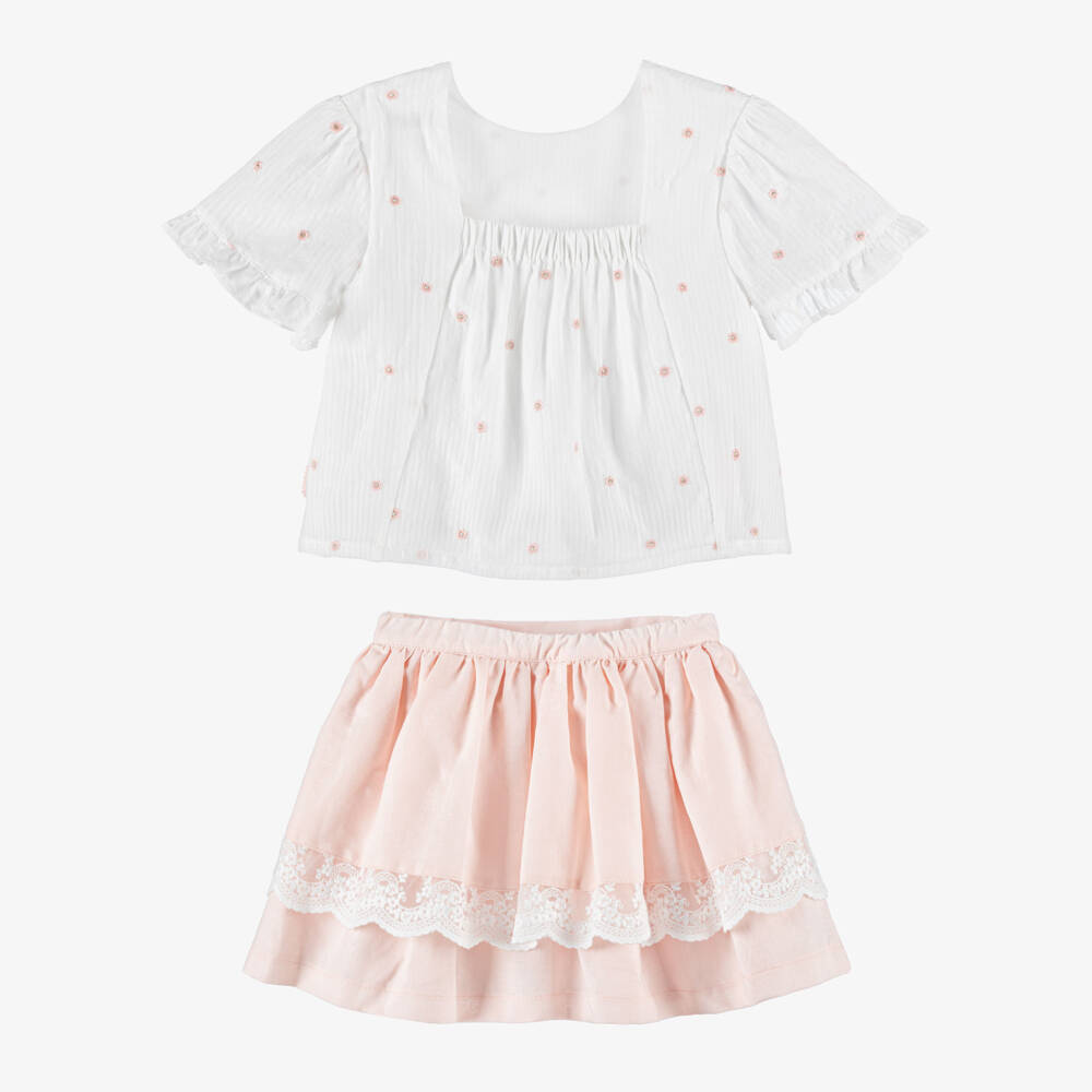 Tutto Piccolo-Girls Peach Pink Cotton & Linen Skirt Set with Lace Trim | Childrensalon Outlet