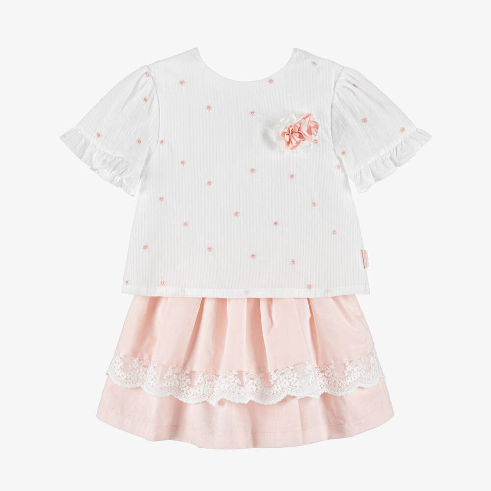 Tutto Piccolo-Girls Peach Pink Cotton & Linen Skirt Set with Lace Trim | Childrensalon Outlet