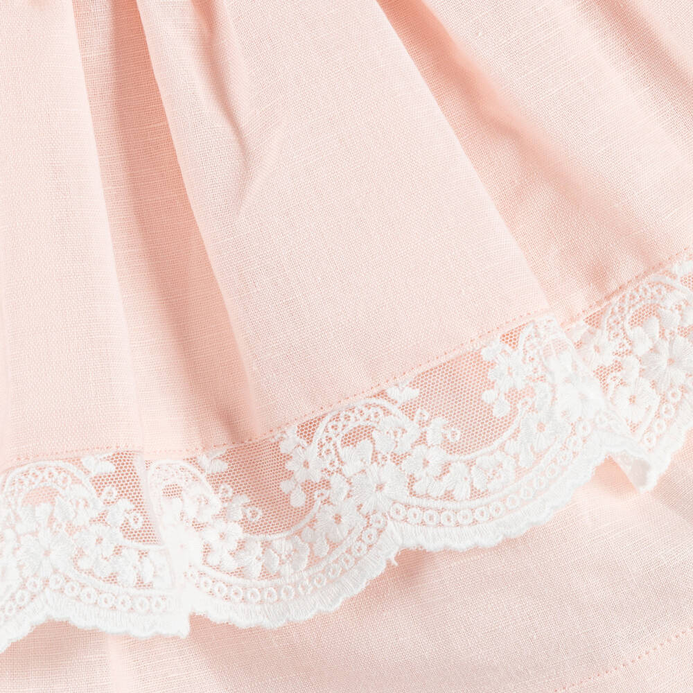 Tutto Piccolo-Girls Peach Pink Cotton & Linen Skirt Set with Lace Trim | Childrensalon Outlet