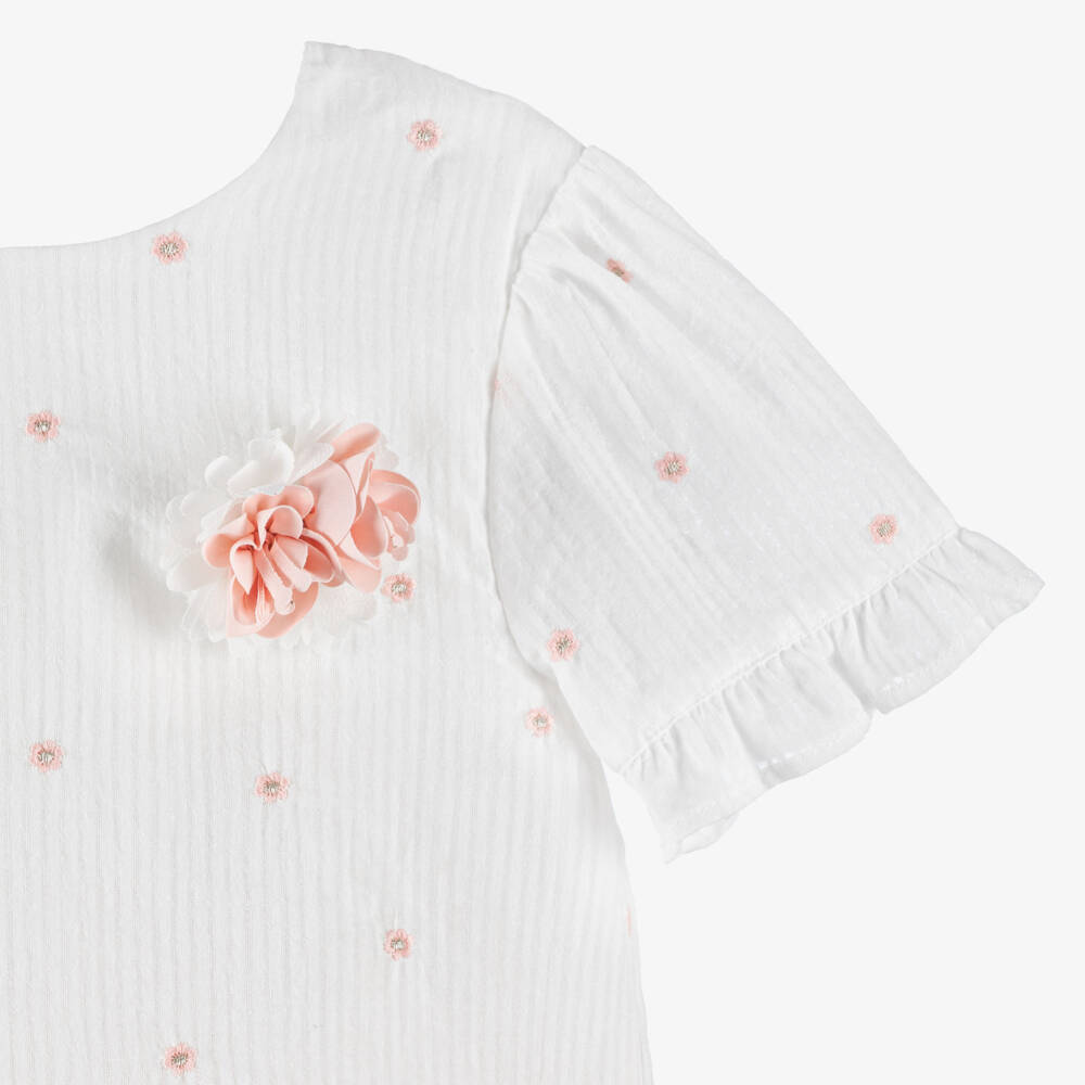 Tutto Piccolo-Girls Peach Pink Cotton & Linen Skirt Set with Lace Trim | Childrensalon Outlet