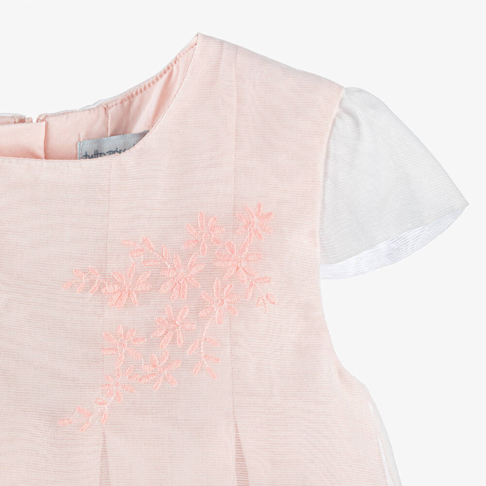 Tutto Piccolo-Girls Peach Pink Embroidered Dress with Sheer Overlay | Childrensalon Outlet