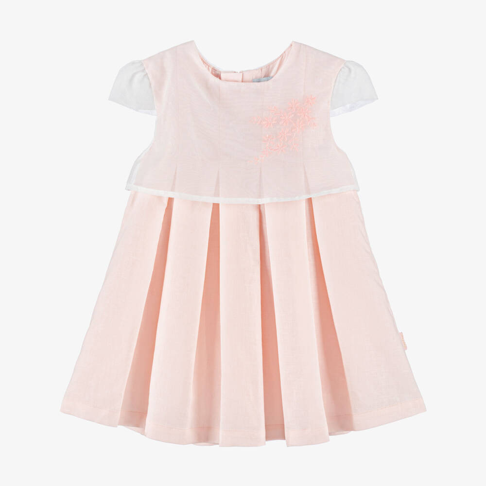 Tutto Piccolo-Girls Peach Pink Embroidered Dress with Sheer Overlay | Childrensalon Outlet