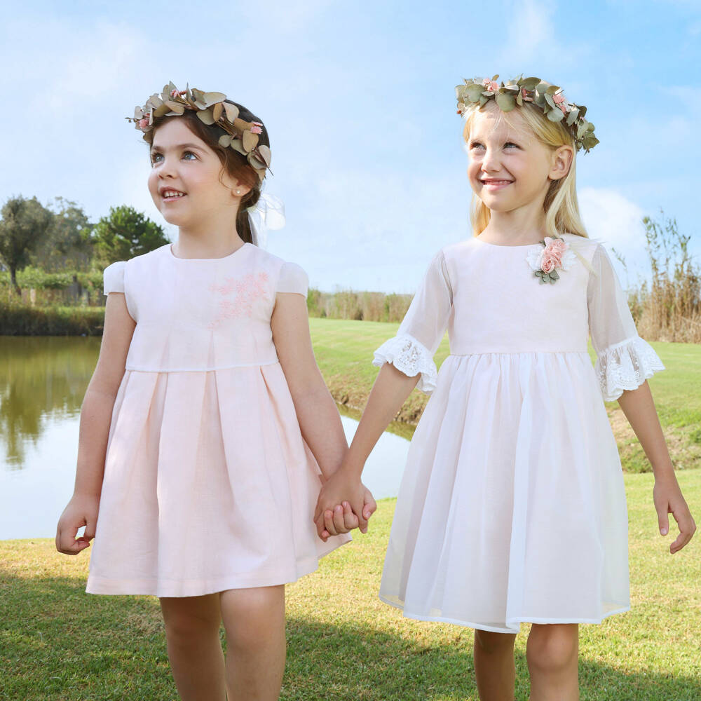 Tutto Piccolo-Girls Peach Pink Embroidered Dress with Sheer Overlay | Childrensalon Outlet