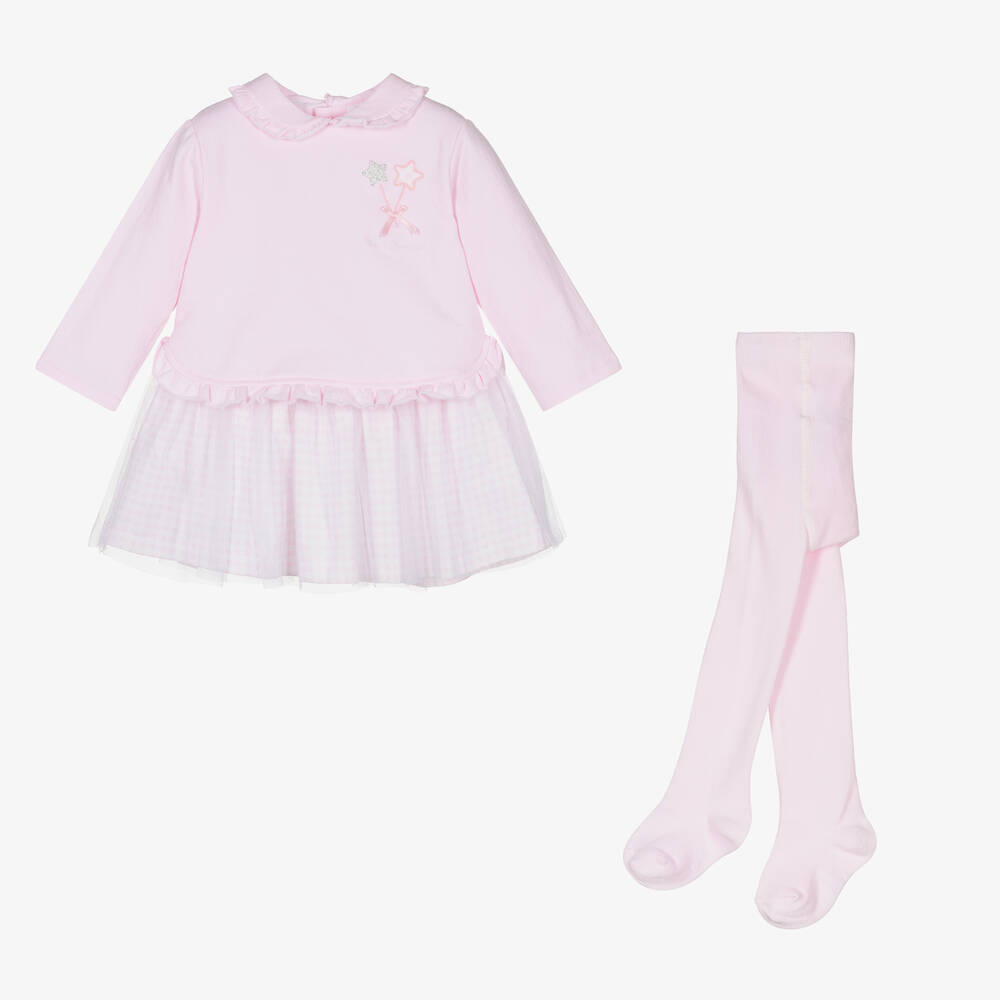 Tutto Piccolo - Girls Pink Cotton Dress & Tights Set | Childrensalon
