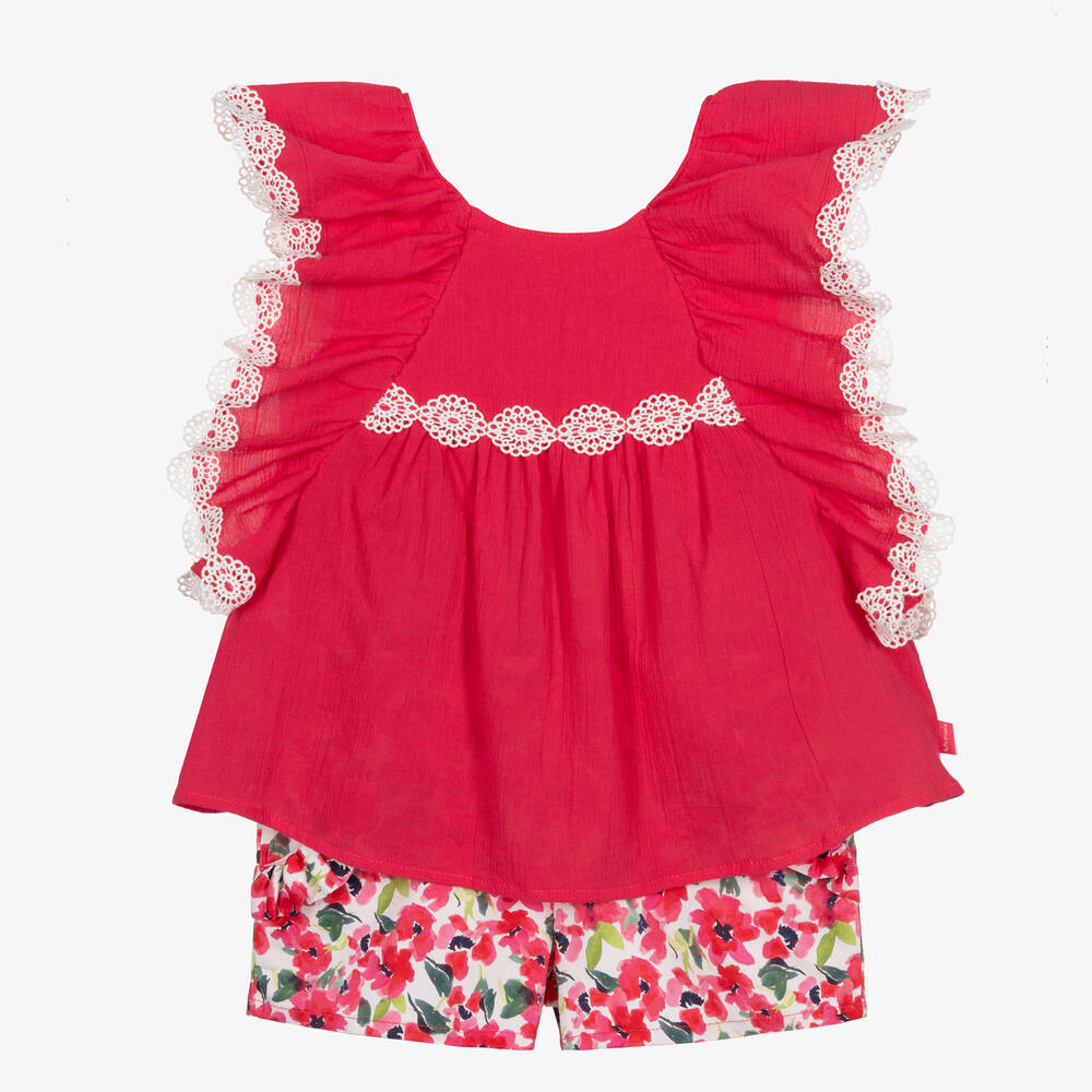 Tutto Piccolo-Girls Pink Cotton Floral Shorts Set | Childrensalon Outlet