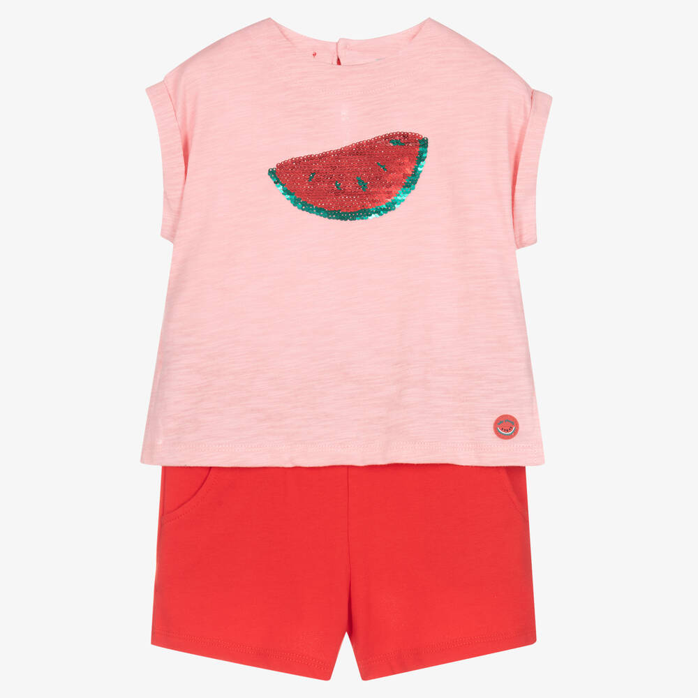 Tutto Piccolo - Girls Pink Cotton Watermelon Shorts Set | Childrensalon