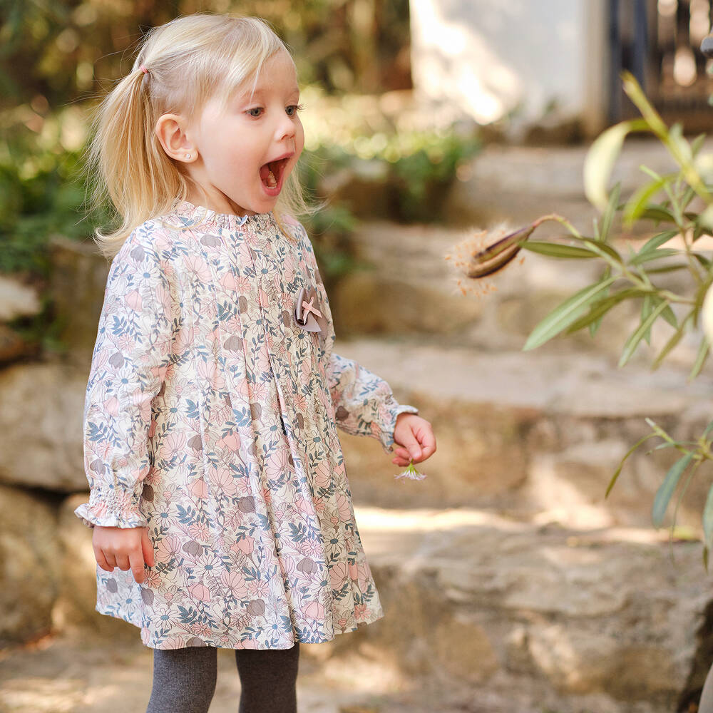 Tutto Piccolo-طقم فستان فيسكوز وقطن لون أبيض بطبعة ورود | Childrensalon Outlet