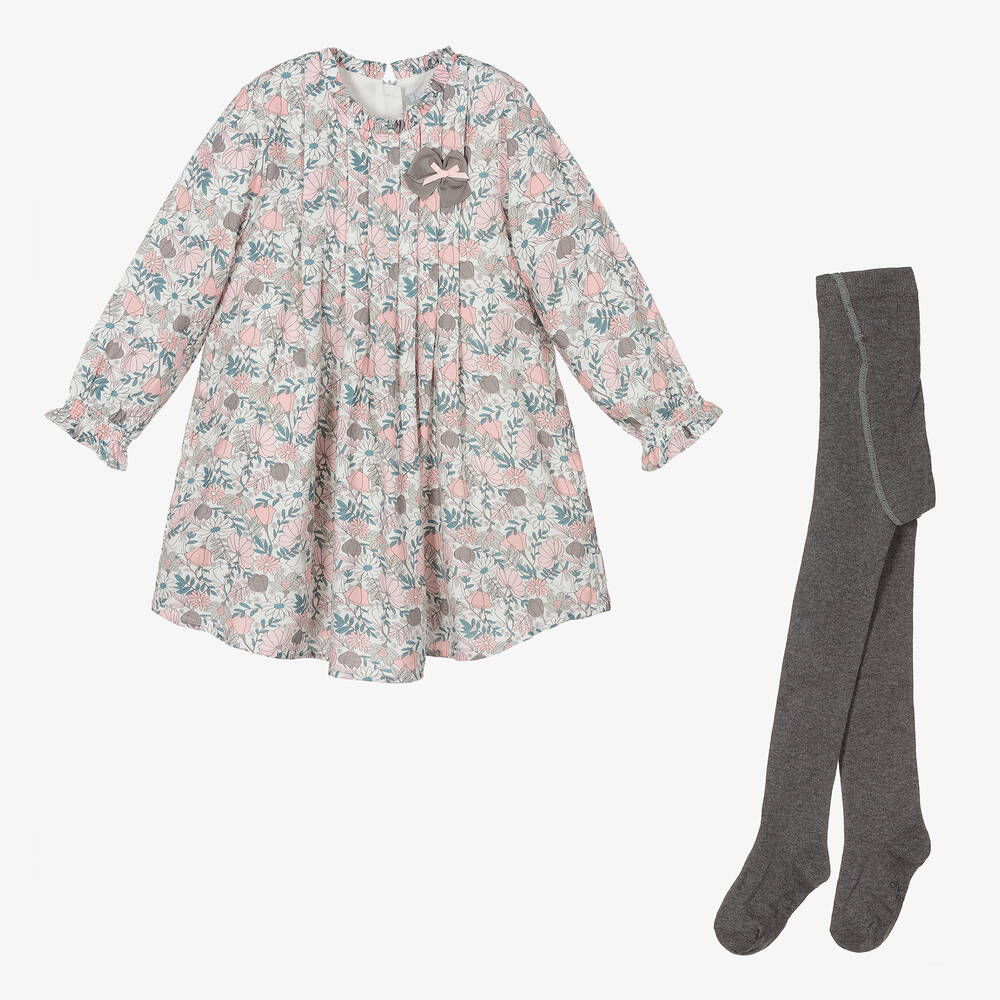 Tutto Piccolo-طقم فستان فيسكوز وقطن لون أبيض بطبعة ورود | Childrensalon Outlet