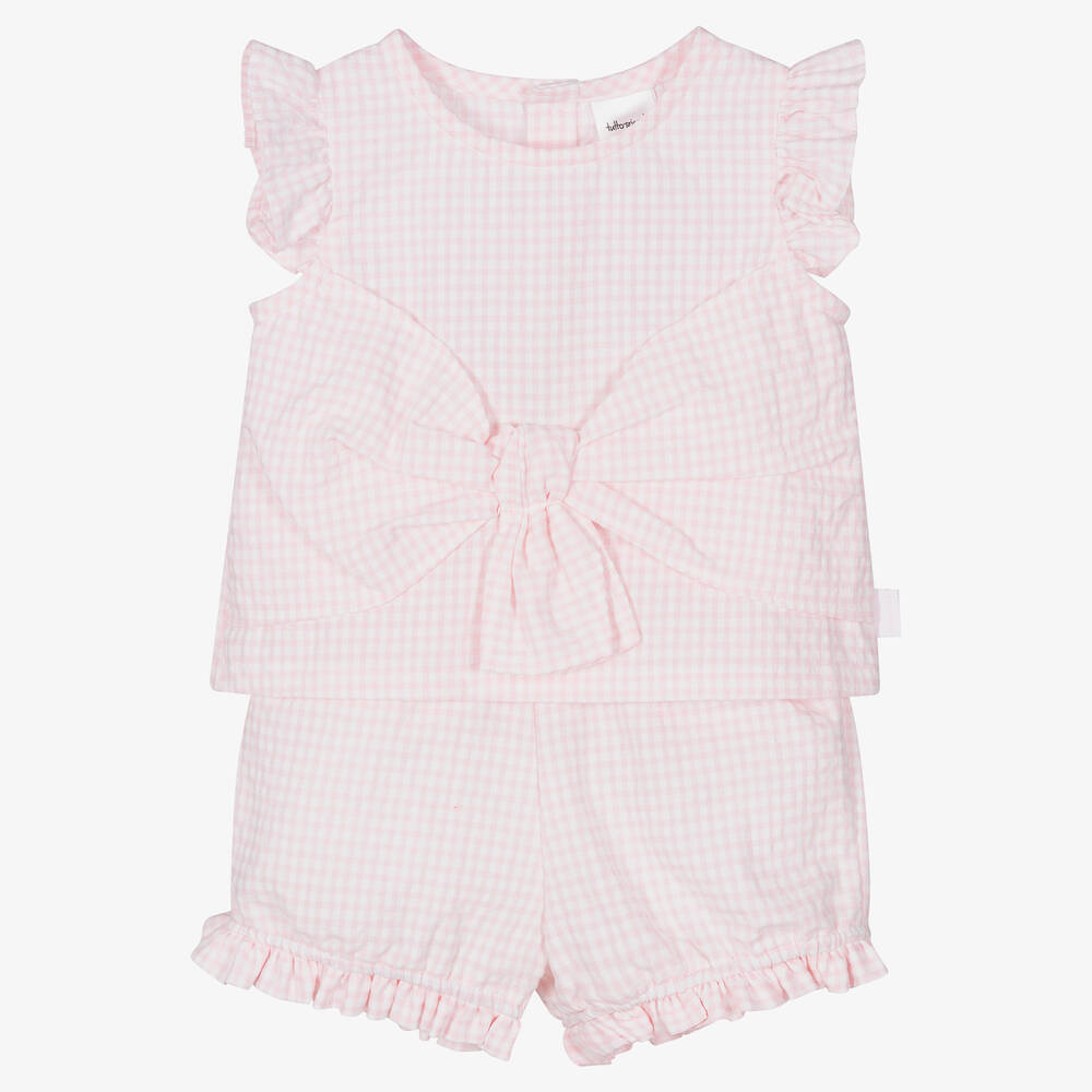 Tutto Piccolo - Girls Pink Gingham Cotton Shorts Set | Childrensalon