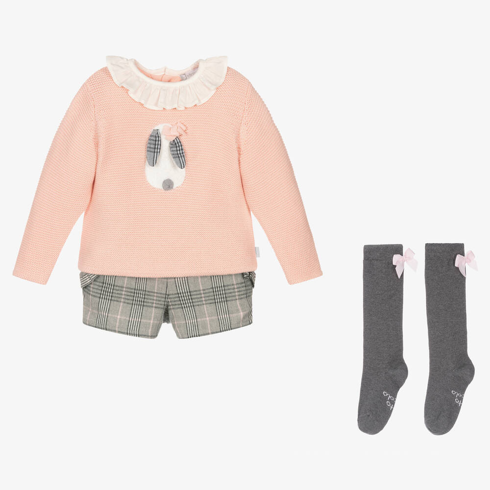 Tutto Piccolo - Girls Pink & Grey Check Cotton Shorts Set | Childrensalon