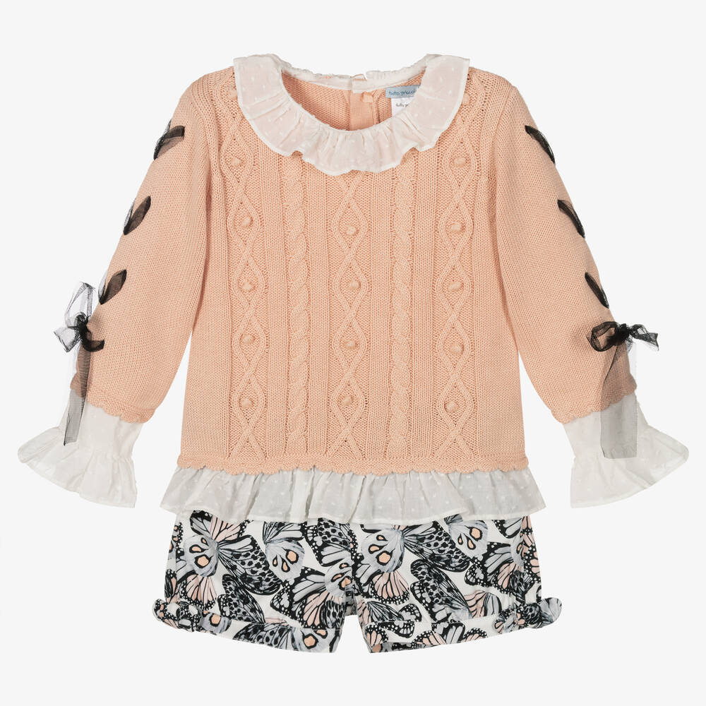 Tutto Piccolo-طقم شورت قطن محبوك لون زهري ورمادي | Childrensalon Outlet