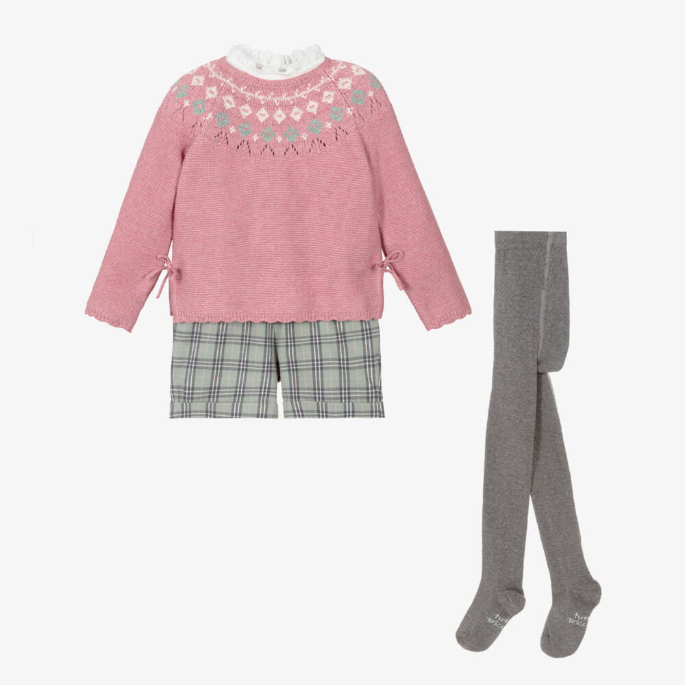 Tutto Piccolo-Girls Pink Knitted Sweater & Green Check Shorts Set | Childrensalon Outlet