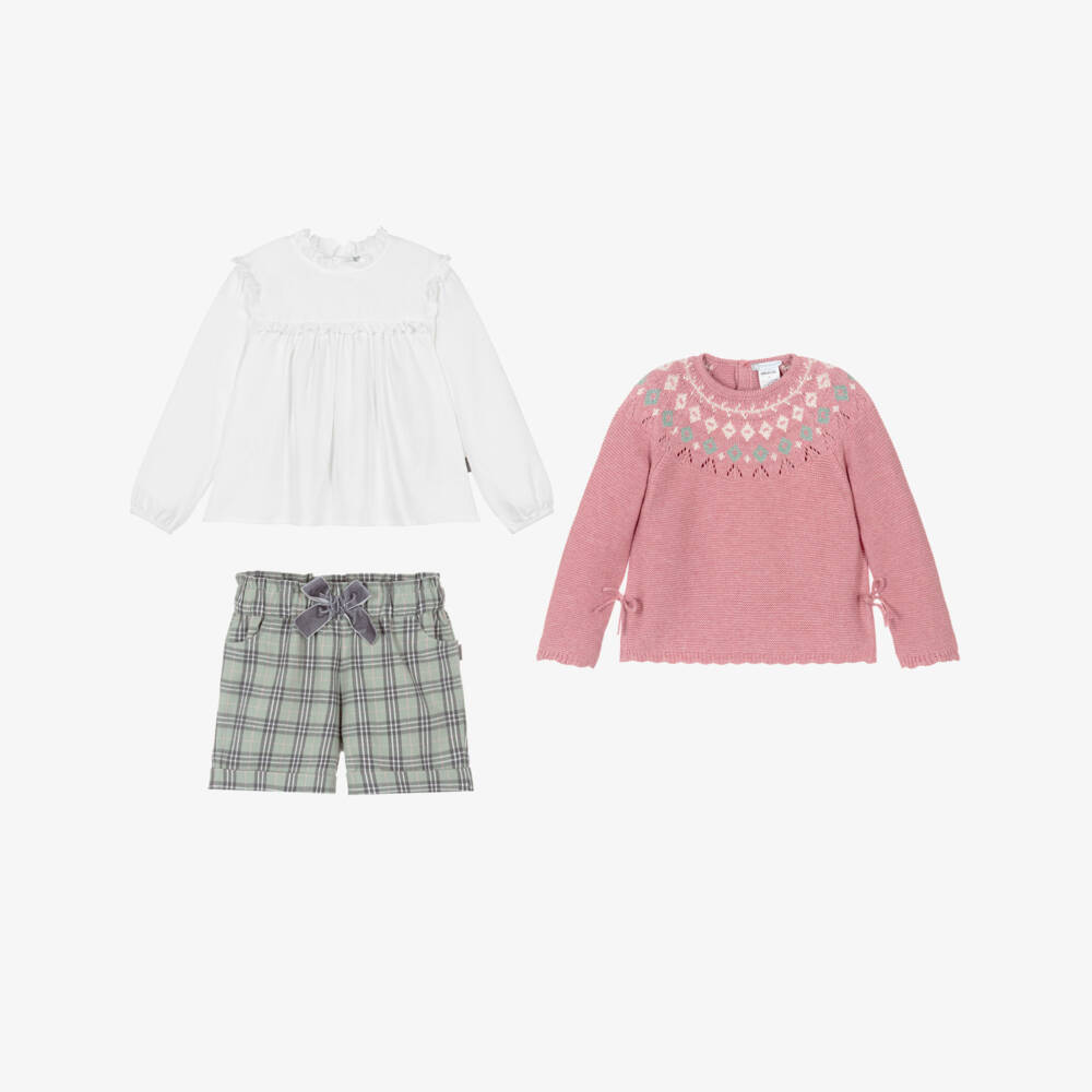 Tutto Piccolo-Girls Pink Knitted Sweater & Green Check Shorts Set | Childrensalon Outlet