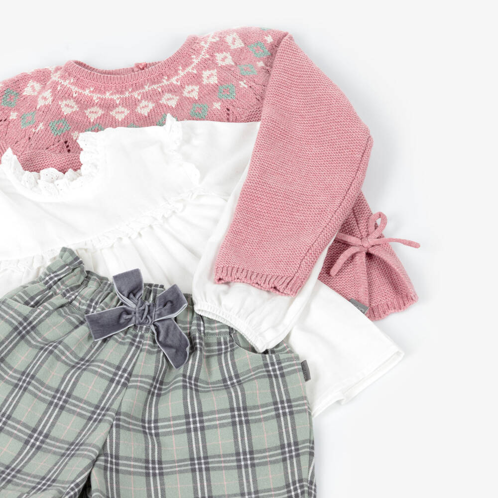 Tutto Piccolo-Girls Pink Knitted Sweater & Green Check Shorts Set | Childrensalon Outlet