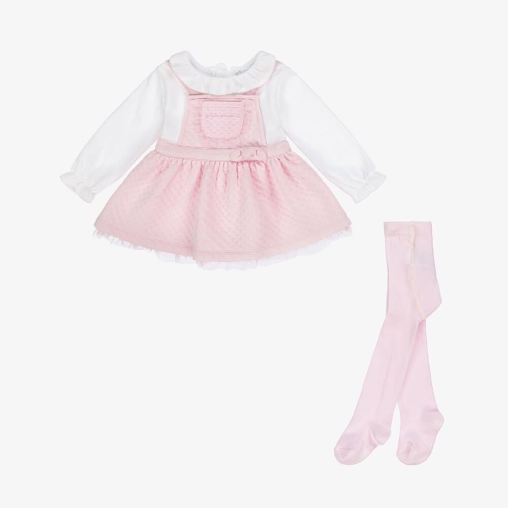 Tutto Piccolo-Girls Pink & White Cotton Dress & Tights Set | Childrensalon Outlet