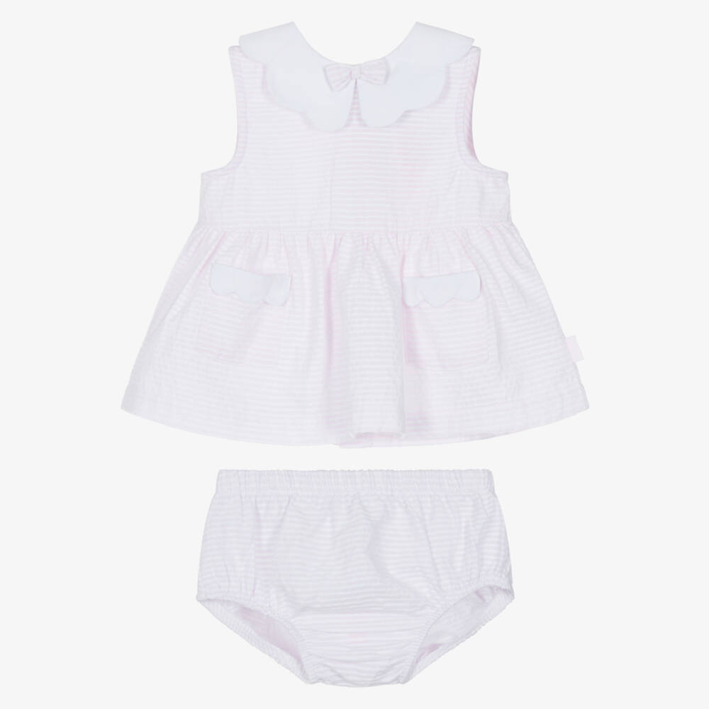 Tutto Piccolo-Girls Pink & White Stripe Dress with Scalloped Collar | Childrensalon Outlet