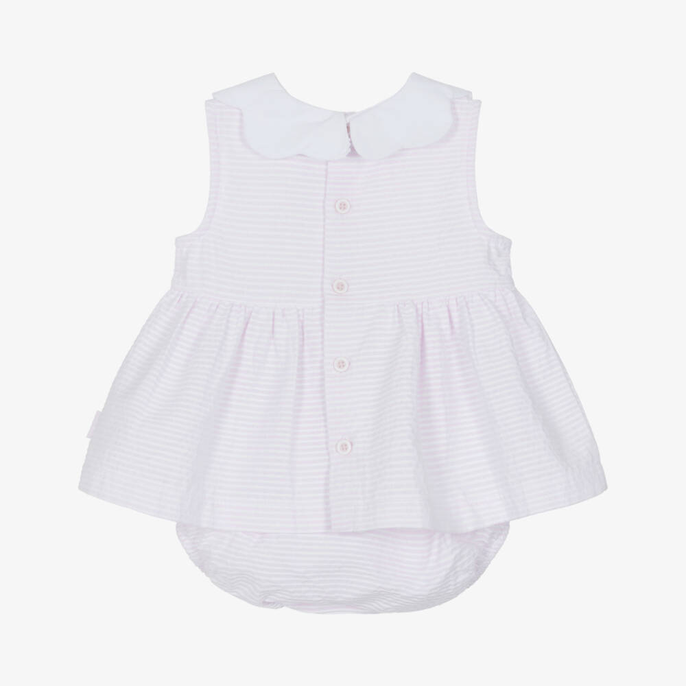 Tutto Piccolo-Girls Pink & White Stripe Dress with Scalloped Collar | Childrensalon Outlet