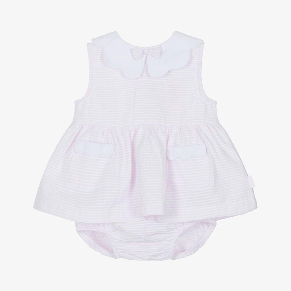 Tutto Piccolo-Girls Pink & White Stripe Dress with Scalloped Collar | Childrensalon Outlet