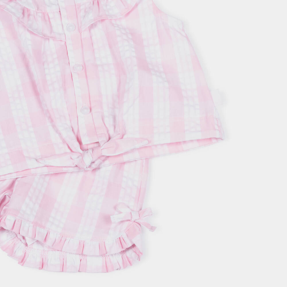 Tutto Piccolo-Girls Pink & White Stripe Gingham Seersucker Shorts Set | Childrensalon Outlet