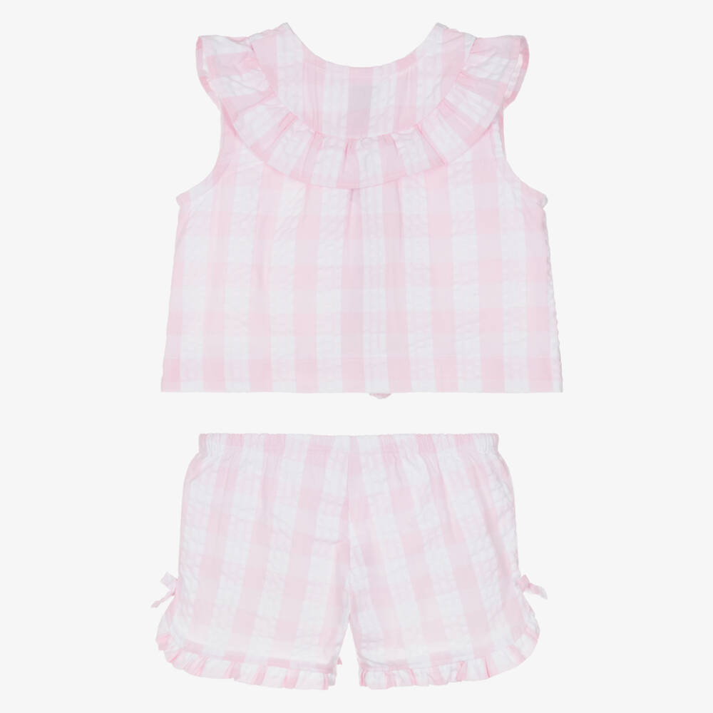 Tutto Piccolo-Girls Pink & White Stripe Gingham Seersucker Shorts Set | Childrensalon Outlet
