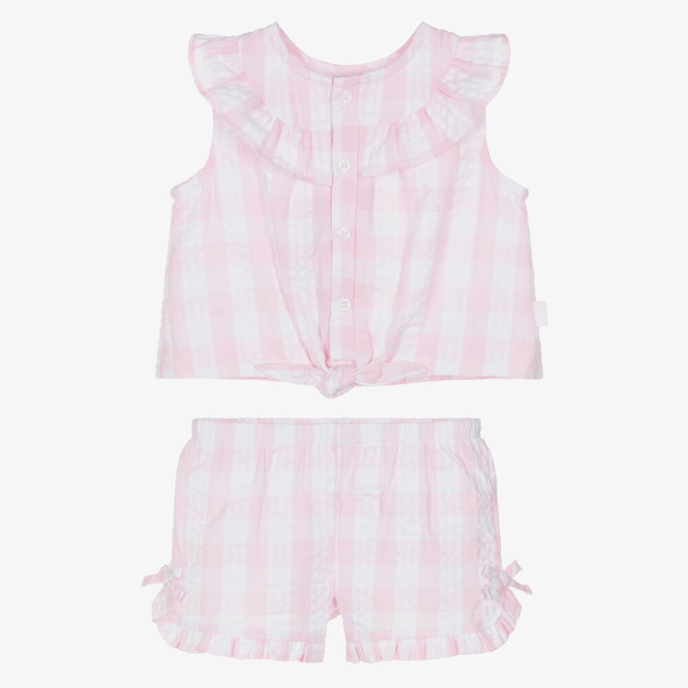 Tutto Piccolo-Girls Pink & White Stripe Gingham Seersucker Shorts Set | Childrensalon Outlet