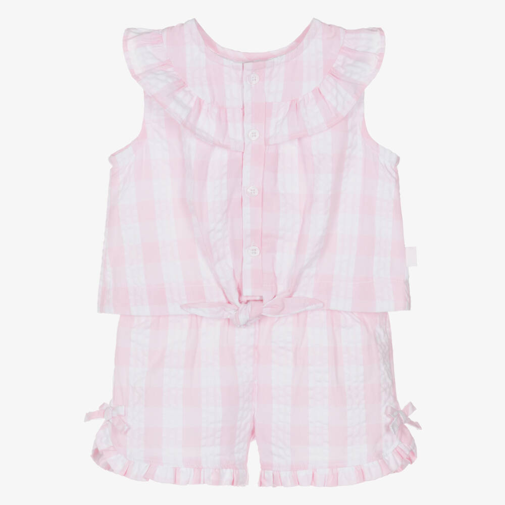 Tutto Piccolo-Girls Pink & White Stripe Gingham Seersucker Shorts Set | Childrensalon Outlet