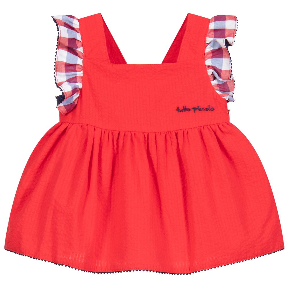 Tutto Piccolo - طقم فستان وسروال قطن كاروهات لون أحمر | Childrensalon