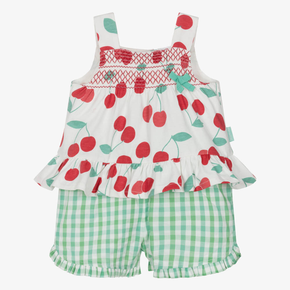 Tutto Piccolo-Girls Red Cherry Print & Green Gingham Shorts Set | Childrensalon Outlet