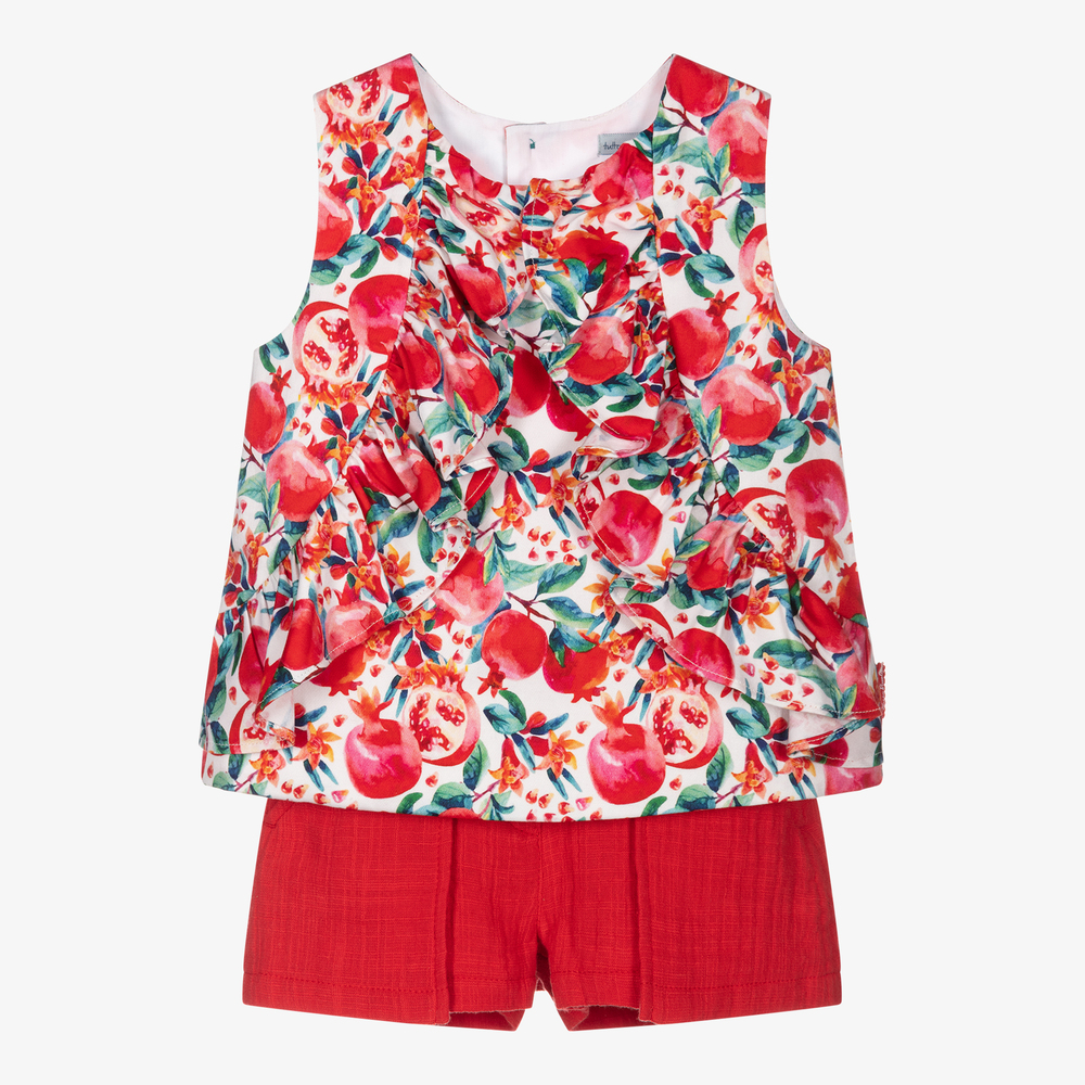 Tutto Piccolo - Girls Red Cotton Shorts Set | Childrensalon