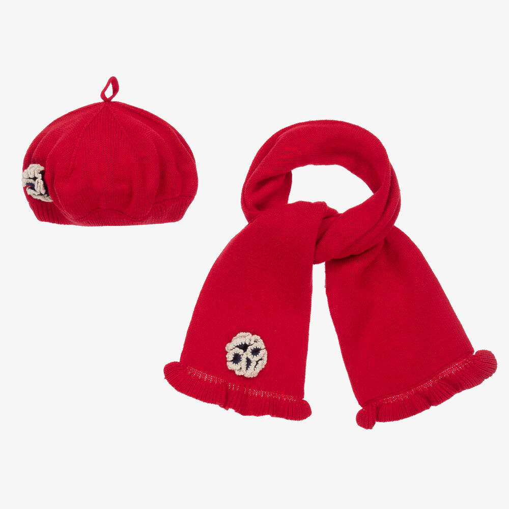 Tutto Piccolo - طقم قبعة وسكارف مزيح قطن لون أحمر للبنات | Childrensalon