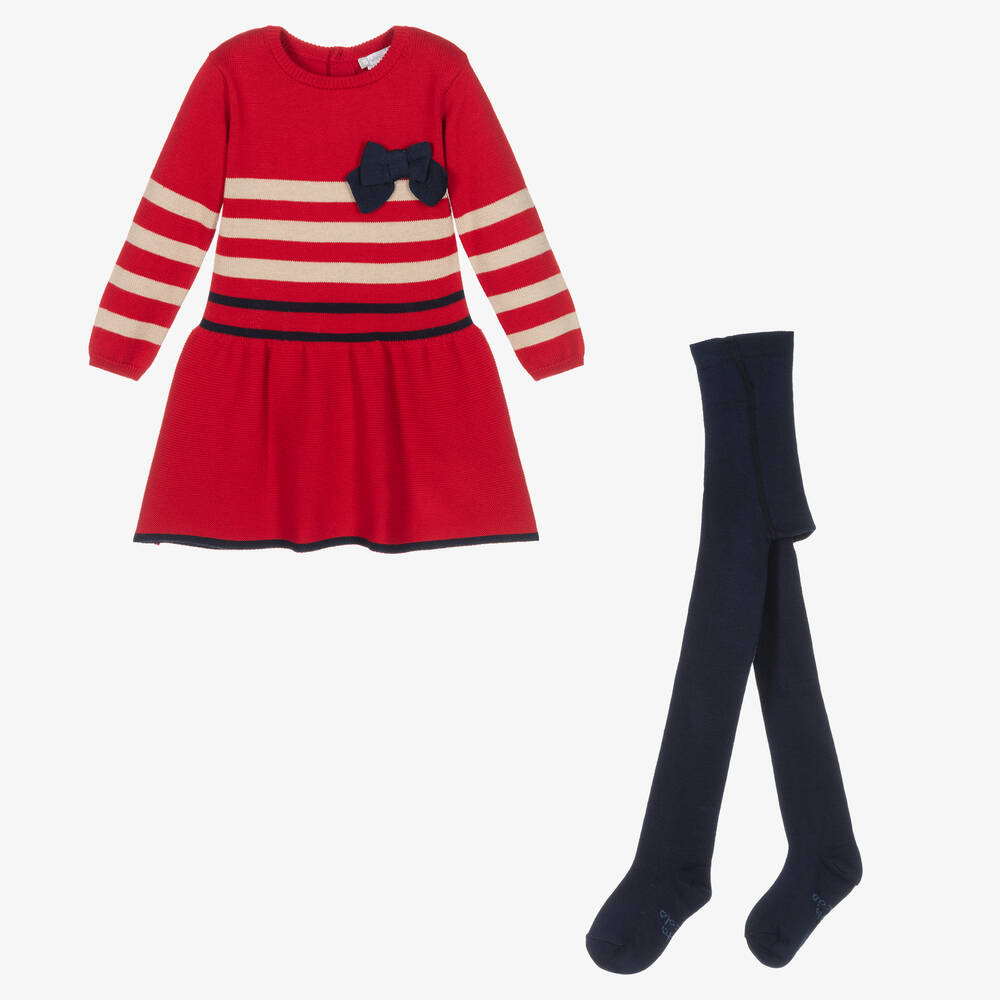 Tutto Piccolo - Girls Red Knitted Dress & Tights Set | Childrensalon