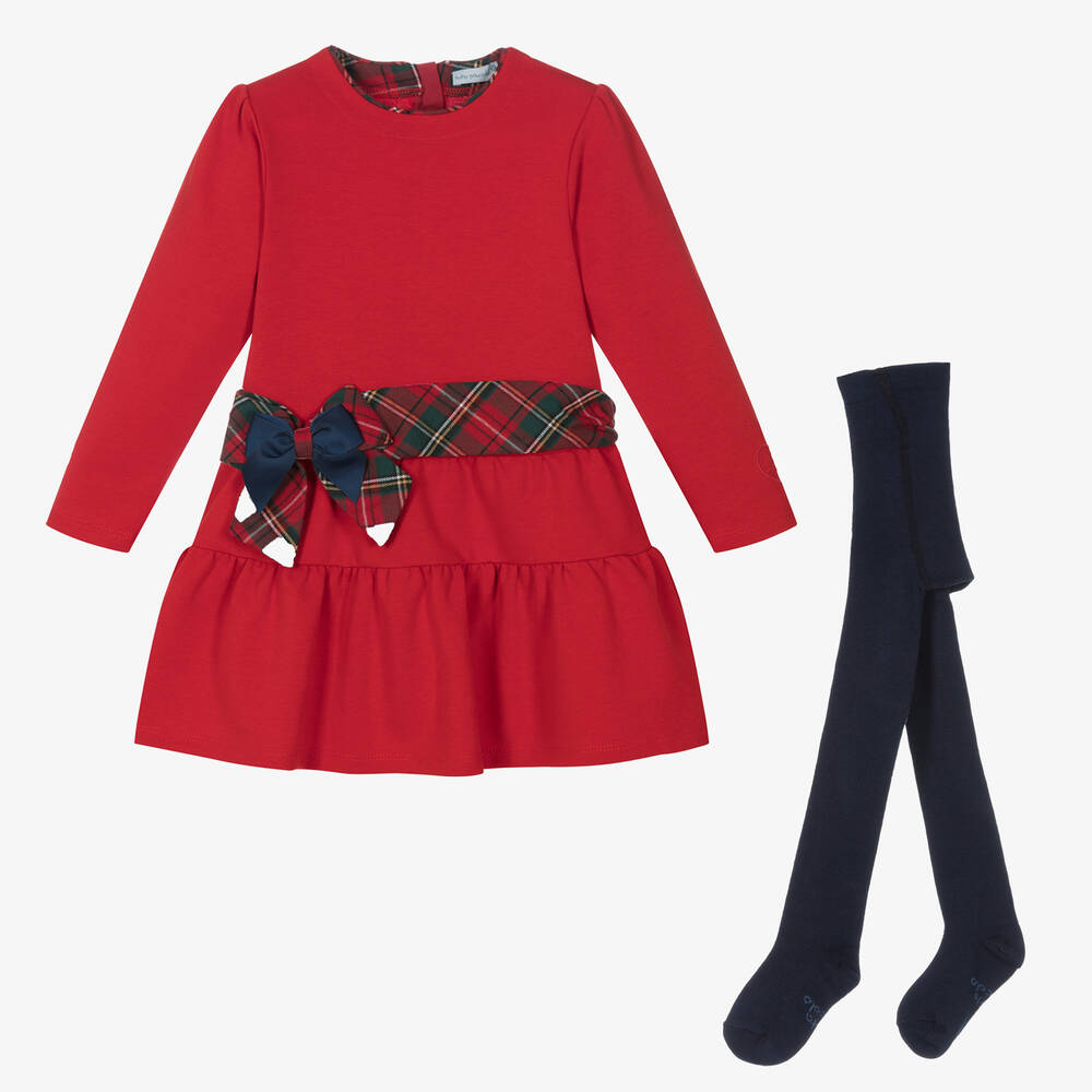 Tutto Piccolo - Girls Red & Navy Blue Cotton Dress Set | Childrensalon