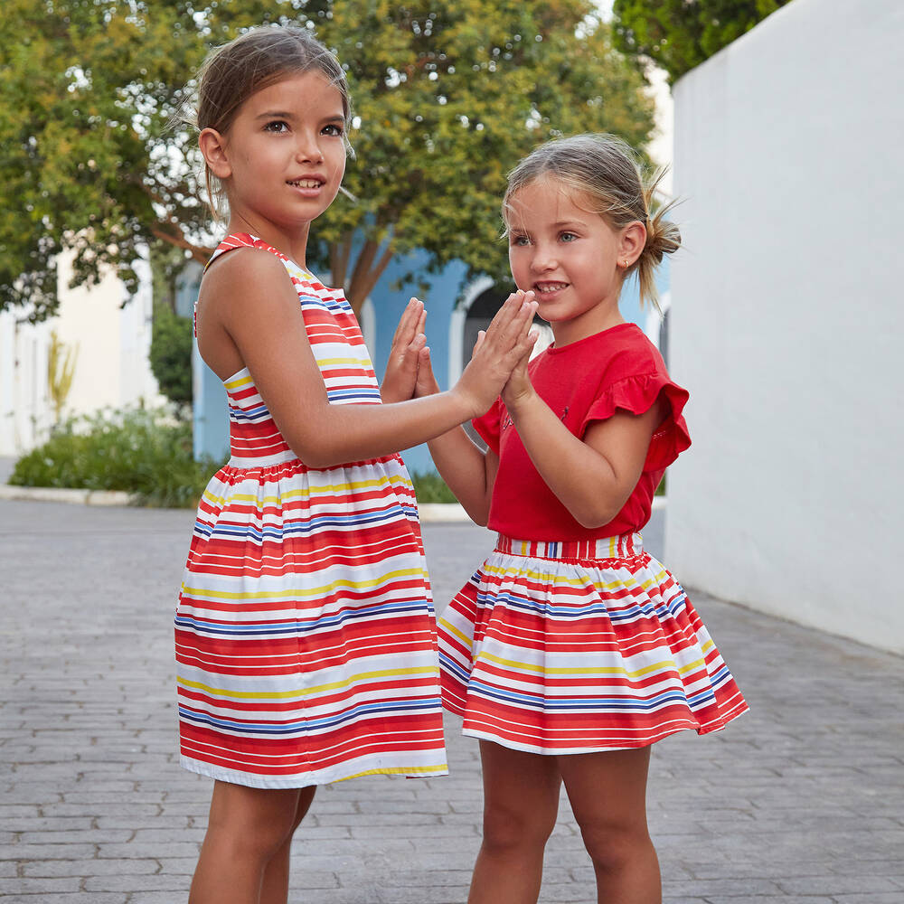 Tutto Piccolo-طقم تنورة قطن جيرسي مقلم لون أحمر | Childrensalon Outlet