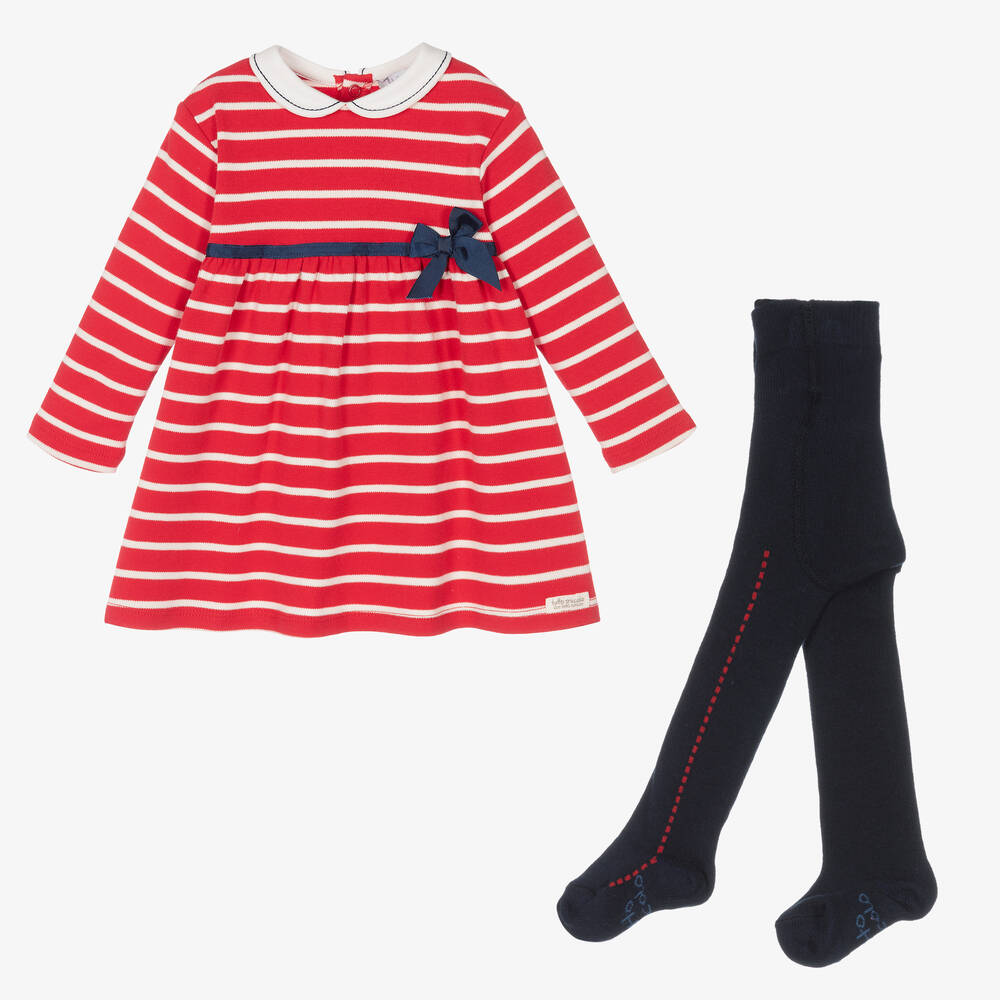 Tutto Piccolo - Girls Red Striped Dress & Tights Set | Childrensalon