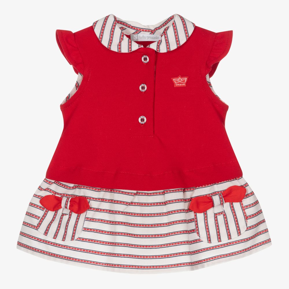 Tutto Piccolo - Girls Red & White Cotton Dress | Childrensalon