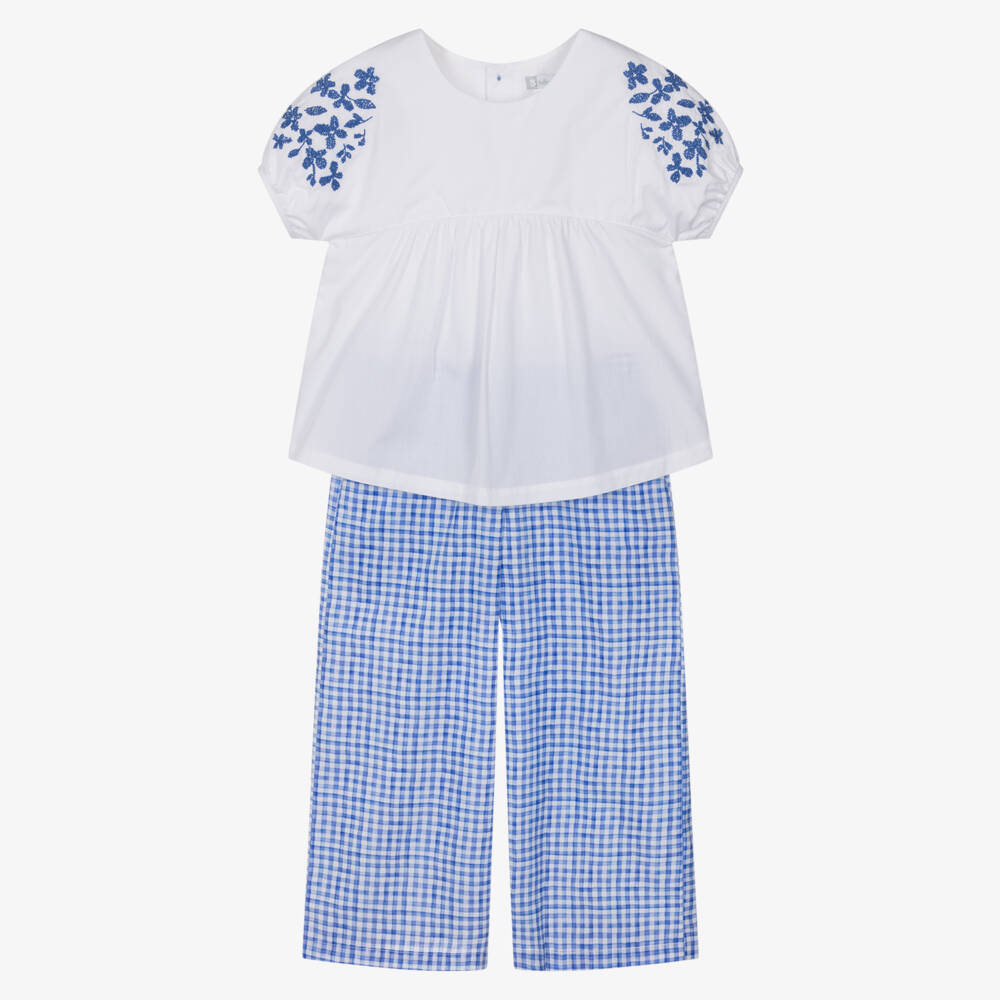Tutto Piccolo-Girls White Blouse & Blue Gingham Trouser Set | Childrensalon Outlet